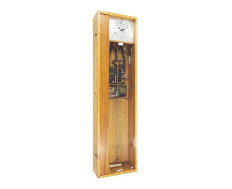 Synchronome electric master clock with electronic seconds movement, the silvered rectangular dial within a light wooden glaze