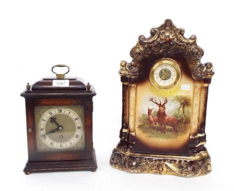 Oak cased small bracket timepiece, within a stepped case with caddy top and brass carrying handle, 10.5"" high; also a potter