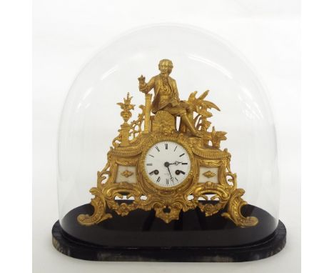 French gilded spelter two train mantel clock, the movement with outside countwheel striking on a bell, the movement back plat