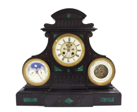 Good large French black slate and malachite panelled two train calendar mantel clock with barometer, the movement striking on