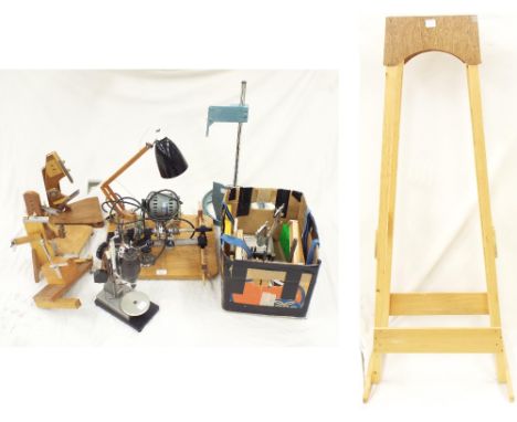 Small clockmaker's lathe, mounted on a plywood board with motor and angle poise lamp, 18" wide overall and a precision drill,