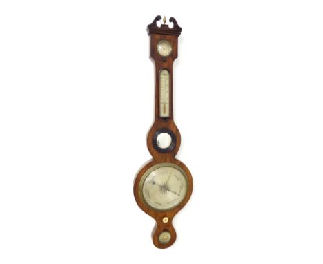 Rosewood five glass banjo stick barometer signed Evans, Welchpool, the 8" principal silvered dial within a shaped case surmou