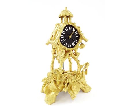 French gilt metal treehouse two train mantel clock, the S. Marti movement striking on a bell, the 3.5" black metal dial with 