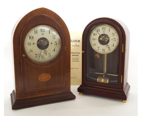 Mahogany Bulle electric mantel clock, the 6" silvered dial with skeletonised centre, within a lancet stepped case inlaid with