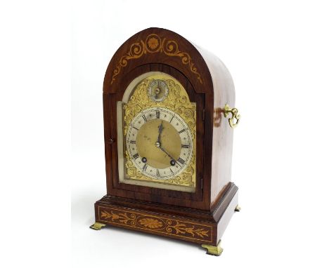 German rosewood two train inlaid lancet ting-tang mantel clock, the W & H movement striking on two gongs, the 5.5" brass arch
