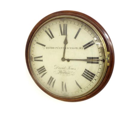 Interesting large mahogany single fusee 18" convex dial wall clock signed David Jones, Merthyr, and inscribed Rhodd Plant Yr 