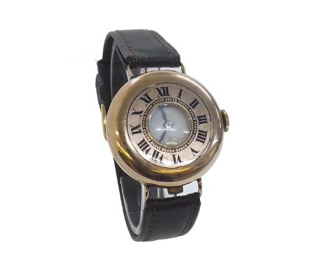 9ct gentleman's half hunter wire-lug officer's wristwatch, import hallmarks Glasgow 1923, the dial signed J.W. Benson, London