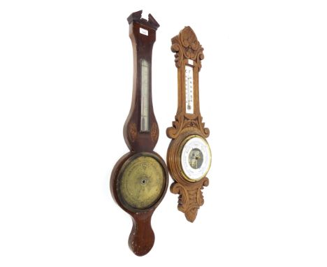 Early mahogany inlaid banjo barometer/thermometer in need of restoration, the 8" brass dial within a shaped case surmounted b
