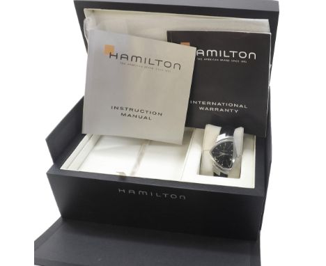 Hamilton Ventura stainless steel gentleman's wristwatch, ref. H244110, black dial with centre seconds, black leather strap wi