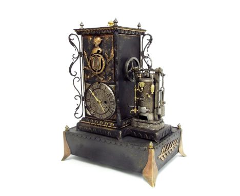 Rare blackened metal industrial boiler timepiece, the 3.25" silvered dial inset into a square tower with wrought iron foliate