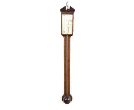 Mahogany and chevron banded stick barometer, signed Dom Barelli, London on the silvered register plate over a flat inlaid tru
