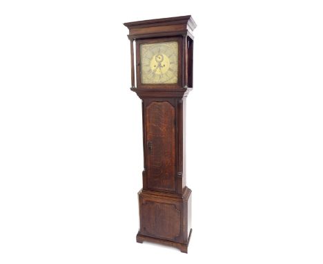 Oak eight day longcase clock, the 13" square brass dial signed Lanson, Kenton on the brass chapter ring enclosing a diaper en