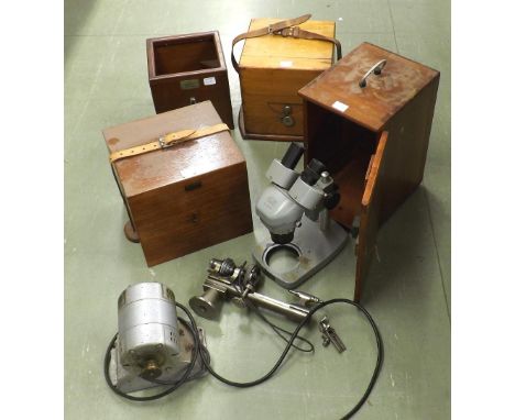 Small 'IME' lathe, 11" long overall, with electric motor; also a mahogany cased Kyowa optical binocular microscope and three 