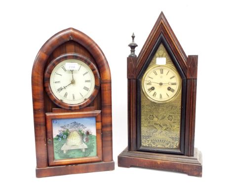 Jerome & Co two train lancet mantel clock, 19" high; also a Junghans two train steeple mantel clock, 20.75" high, both in nee