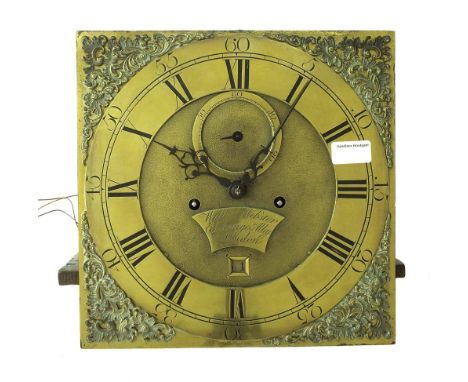 Eight day longcase clock movement, the 12" square brass dial signed William Webster, Exchange Alley, London with arched plaqu