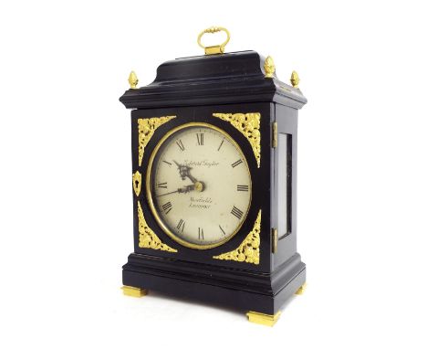 Good small English ebonised and ormolu mounted single fusee verge bracket clock, the 5" silvered dial signed Edward Taylor, M