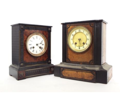 French ebonised and yew wood two train mantel clock, the movement with outside countwheel striking on a bell, the 3.75" white