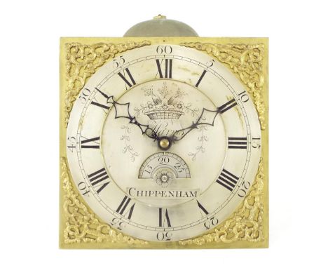 Thirty hour longcase clock movement, the 11" square brass dial signed Harris, Chippenham to the foliate engraved centre with 