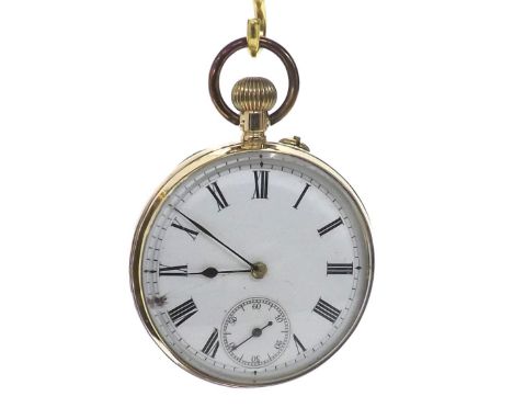 9k jewelled lever pocket watch, the dial with Roman numerals and subsidiary seconds within an engine turned case, 66.2gm, 46m