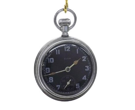Elgin Military issue nickel cased lever pocket watch, circa 1940s, gilt lever 7 jewel movement, no. 41375566, black dial with