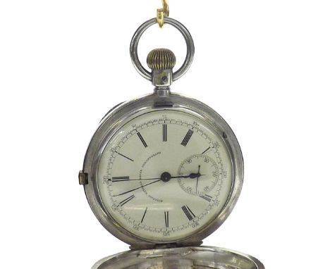 Russells' Keyless Lever silver (0.935) centre seconds chronograph hunter pocket watch, three-quarter plate frosted movement s