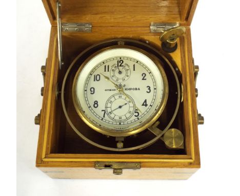 Russian two day marine chronometer, the 3.5" silvered signed dial with state of wind and subsidiary seconds dials, no. 10756,