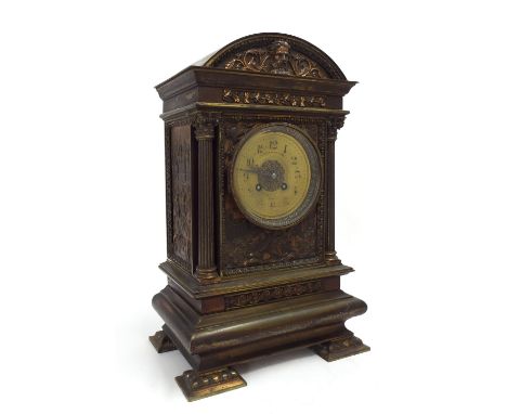 French bronzed two train mantel clock, the S. Marti movement striking on a gong, the 4.25" concave gilt dial within an ornate