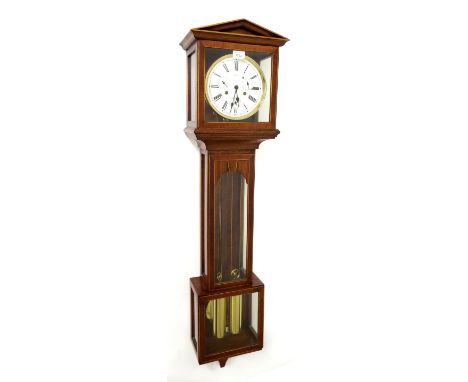 Good contemporary mahogany two train Laterndluhr wall clock, the 7" white dial signed Hermle with subsidiary calendar, months