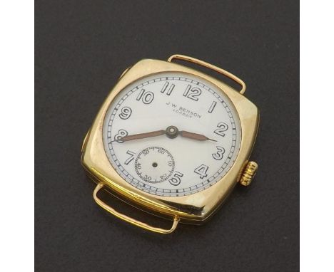J.W. Benson 9ct wire-lug gentleman's wristwatch, import hallmarks London 1924, the circular signed dial with Arabic numerals,