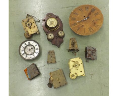 Mahogany kitchen wall alarm clock striking on two bells, 14" high overall; also a box of various clock movements and parts et