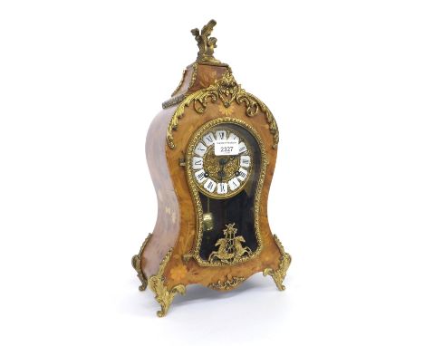 Burr walnut balloon two train mantel clock, the Hermle movement striking on a bell, the 4" gilt metal dial with Roman cartouc