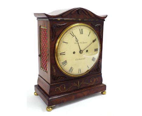 English mahogany double fusee mantel clock striking on a gong, the 8" convex cream dial and movement signed Percy Webster, Cl