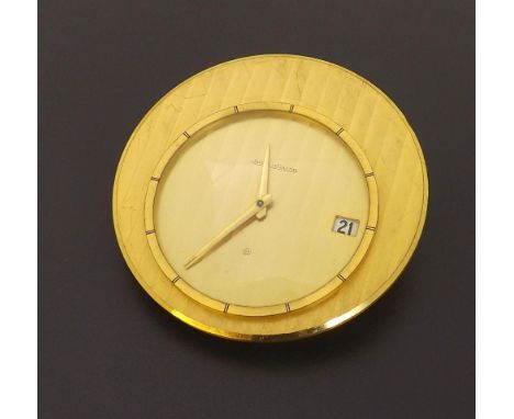 Jaeger-LeCoultre eight day calendar timepiece, the 3.5" chapter ring with calendar aperture and within a circular polished gi