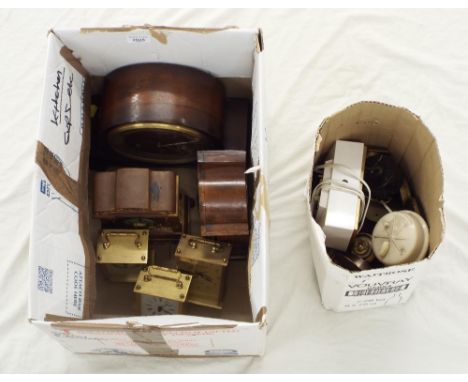 Walnut three train mantel clock, two small mantel timepieces, three contemporary carriage type timepieces and a quantity of o