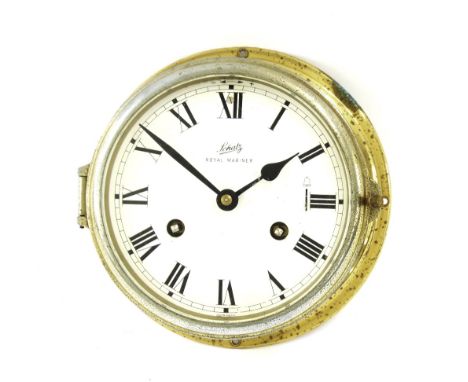 Schatz 'Royal Mariner' brass ship's bulkhead wall clock, the 5.25" cream dial with strike/silent lever
