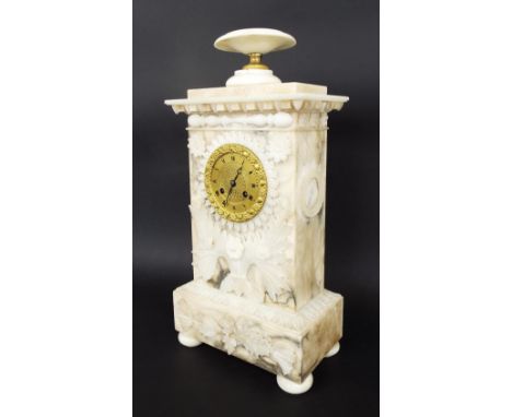 French white and dark veined alabaster two train mantel clock, the movement with outside countwheel striking on a bell, the 3