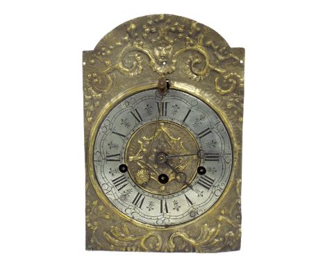 Old German three train verge bracket clock movement striking on two bells, the 6.5" silvered dial upon an arched brass dial p