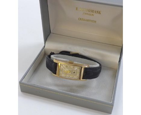 Longines fine 14k rectangular curved gentleman's wristwatch, circa 1937, case ref. 405, silvered dial with Arabic numerals an
