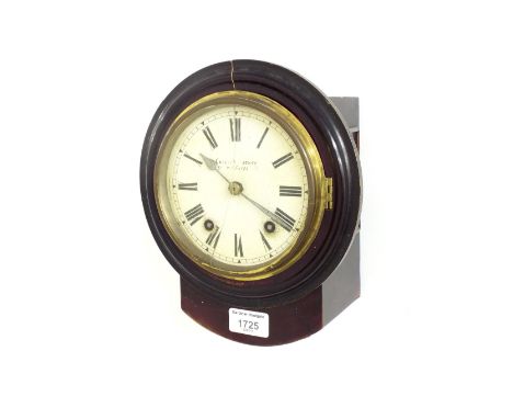 Small mahogany two train drop dial wall clock, the W. & H movement with outside countwheel striking on a gong, the 5" cream d