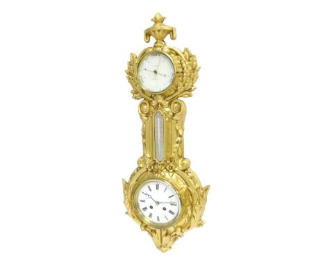 Decorative two train clock/barometer with thermometer, signed J.J. Wainwright & Co, Birmingham,  within a cartel style cast m