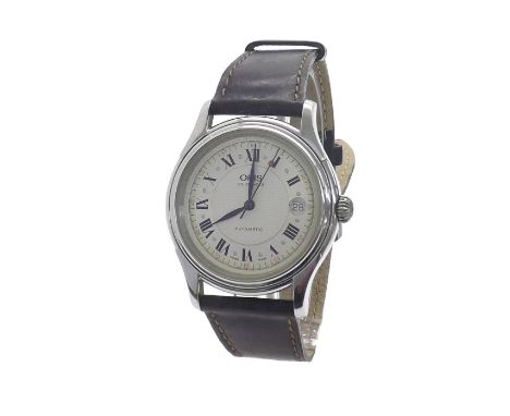 Oris automatic stainless steel gentleman's wristwatch, ref. 7375, circular silvered dial with Roman numerals, Arabic red five