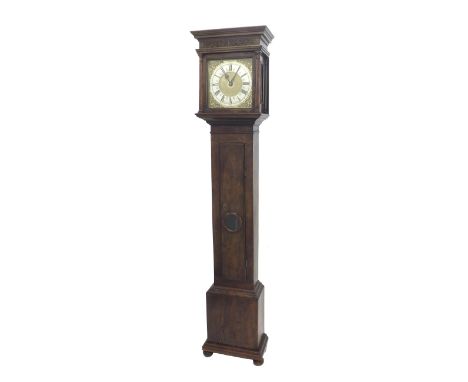 Early thirty hour longcase clock, the 11" square brass dial signed John May, London on the silvered chapter ring enclosing a 