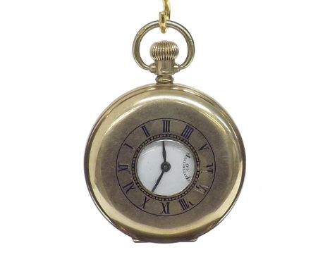 Roidor 9ct lever half hunter pocket watch, Birmingham 1946, Swiss 17 jewel movement, branded dial with Arabic numerals and su