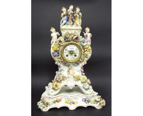 French porcelain painted two train balloon mantel clock and stand, the movement with outside countwheel striking on a bell, t