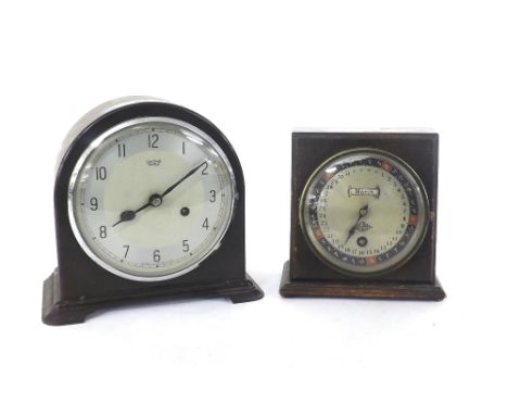 Art Deco style Smiths Enfield two train mantel clock striking on a gong, the 6" silvered dial within a rounded arched stepped