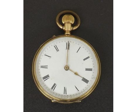 14k cylinder engraved engine turned fob watch, the movement marked GT, the dial with Roman numerals, 27.8gm, 33mm (at fault).