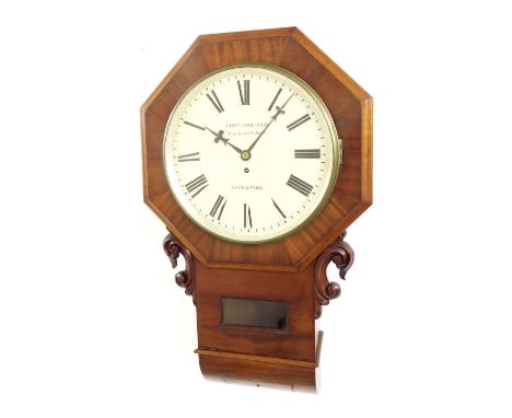 Mahogany single fusee 13" drop dial wall clock signed Thomas Howard, no. 57, Kirkdale Road, Liverpool, within a flat octagona