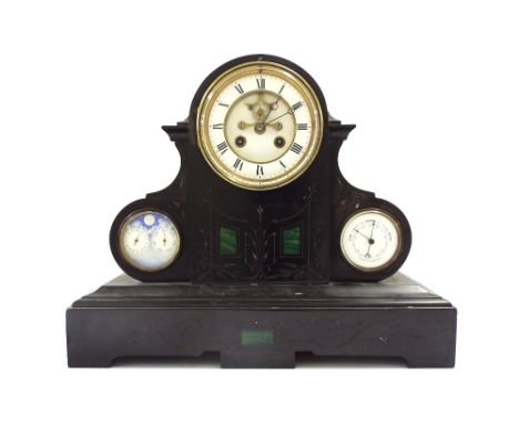 French black slate and malachite inset two train calendar mantel clock, the movement striking on a bell, the 4.25" white chap