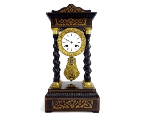 French ebonised and inlaid two train portico mantel clock, the Vincenti movement with outside countwheel and striking on a be