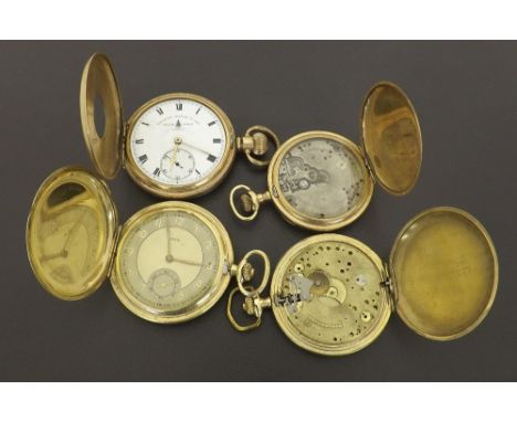 Siduna gold plated lever engine turned hunter pocket watch (lacking dial and glass, movement at fault); together with a gold 